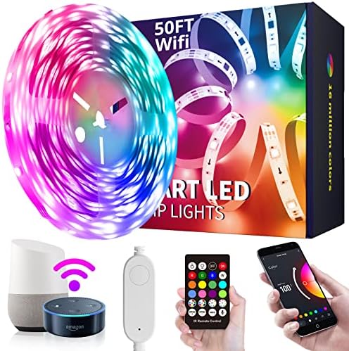 Smart LED Strip Lights for Bedrooms 50ft/15m,WiFi LED Lights Work with Alexa,16 Million Colors with App,Music Sync,DIY Color RGB LED Light Strips for Room,Kitchen,TV Backlight,Christmas Lights