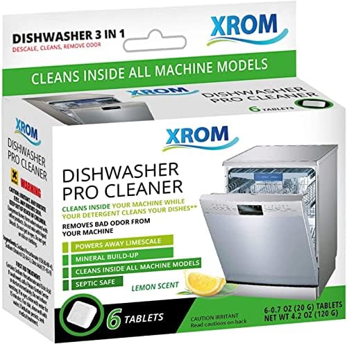 XROM Dishwasher Plant Based, Non Chemicals, Cleaner And Descaler, Removes Odors, Removes Hard Water Stains, Powerful Descaling, 6 Treatments (Lemon Scent)