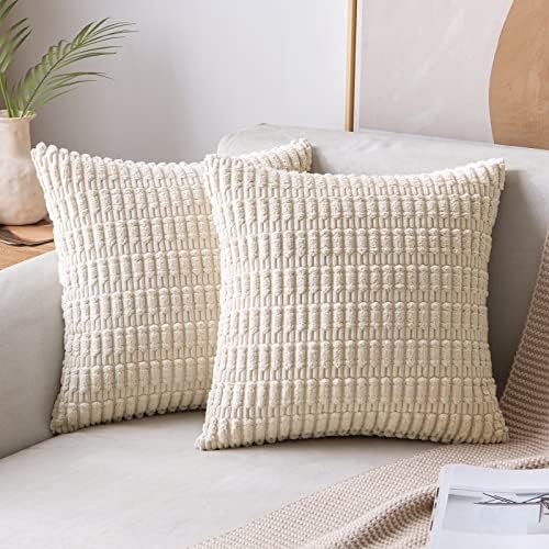 MIULEE Pack of 2 Corduroy Decorative Throw Pillow Covers 20x20 Inch Soft Boho Striped Pillow Covers Modern Farmhouse Home Decor for Spring Sofa Living Room Couch Bed Cream White