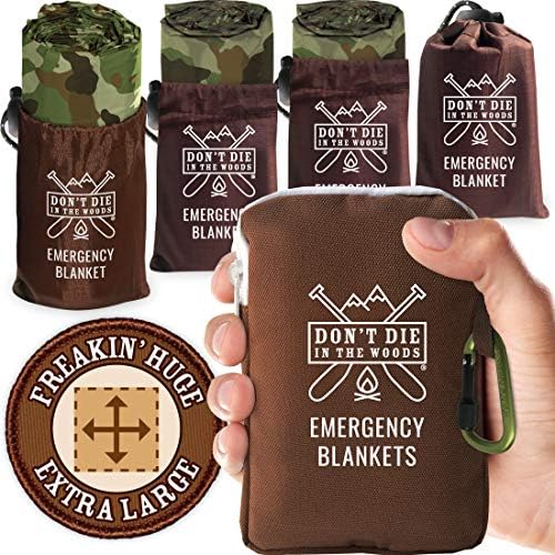 Don't Die In The Woods - Freakin’ Huge Emergency Blankets [4-Pack] Extra-Large Thermal Mylar Space Blankets with Ripstop Nylon Stuff Sacks + Carabiner Zipper Pack [Woodland Camo]