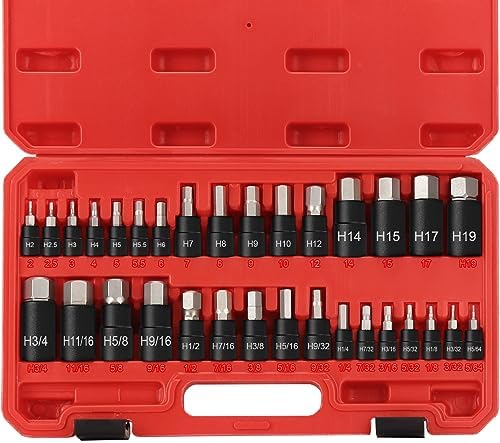 RIMKOLO Hex Impact Bit Socket Set, 32-Piece Allen Socket Set SAE and Metric 1/4" 3/8" 1/2" Drives, S2 Alloy Steel and CR-V Bit Sockets