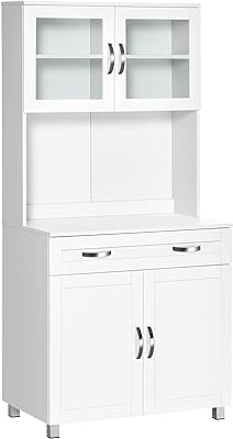 HOMCOM 67" Pantry Cabinet, Modern Kitchen Hutch, Freestanding Storage Cabinet with Glass Doors, Adjustable Shelves and Drawers, White