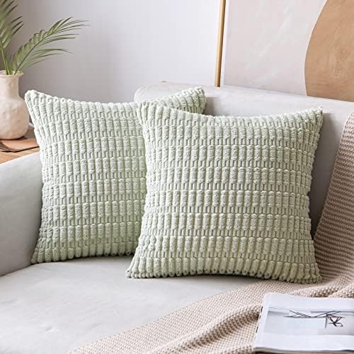 MIULEE Pack of 2 Corduroy Decorative Throw Pillow Covers 18x18 Inch Soft Boho Striped Pillow Covers Modern Farmhouse Home Decor for Spring Sofa Living Room Couch Bed Light Green