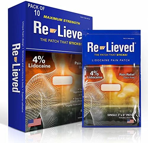 Re-Lieved 4% Lidocaine Patches Maximum Strength - Aluminum-Free, Water Resistant and USA Made - Superior Sticking Pain Relief Patches Quickly Relieves Back, Joints and Muscle Pain-3x6 Inches(10 Count)