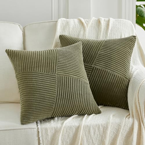 Fancy Homi Set of 2 Olive Green Boho Decorative Throw Pillow Covers 18x18 Inch with Diagonally Pattern for Living Room Couch Bed Sofa, Soft Textured Corduroy Aesthetic Farmhouse Home Decor 45x45 cm