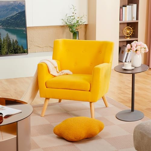 Prilinex Accent Chair, Mid-Century Modern Living Room Chairs, Button Tufted Upholstered Armchair Sofa Chairs with Cushion, Comfy Fabric Reading Chairs for Bedroom & Waiting Room, Yellow