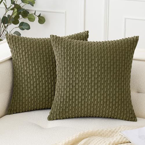 Woaboy Olive Green Throw Pillow Covers 18x18 Inch Set of 2 Decorative Couch Pillow Covers Farmhouse Soft Corduroy Boho Home Decors for Spring Cushion Bed Sofa Living Room