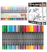 FIXSMITH 26-Piece Drawing & Sketching Art Set, 24 Colors Dual Brush Pens with Two 9x12 inch Sketc...