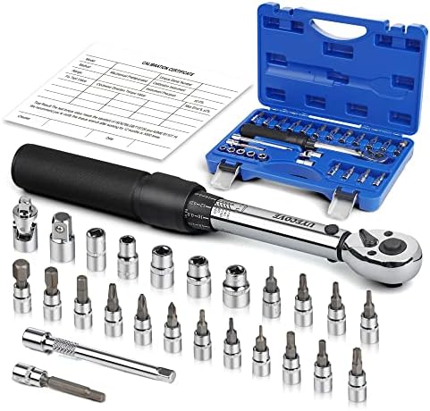 UYECOVE 1/4-Inch Drive Click Torque Wrench 26pcs Set, 20-200in.lb/ 2.26-22.6Nm, Bike Torque Wrench Set with Extension Bar Adaptor & Sockets, High Accuracy Dual-Direction Reversible