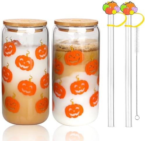 ANOTION Fall Glass Cups with Lids and Straws - Autumn Thanksgiving Halloween Gifts for Women - 2 Pack 18oz Fall Smile Pumpkins Mug, Pumpkin Glass Jar Drinking Glasses Iced Coffee Cup, Halloween Decor