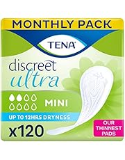 TENA Discreet Ultra Mini, Individually Wrapped, Women with Light to Medium Bladder Weakness, Incontinence and Unpredictable Drips, 120 Count (Pack of 1)
