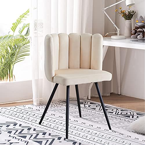 CLIPOP Living Room Barrel Accent Chair, Modern Velvet Kitchen Dining Chair, Vanity Chair with Metal Leg, Scalloped Silhouette, Cozy and Soft Padded, Armless Leisure Makeup Chair for Bedroom, Cream