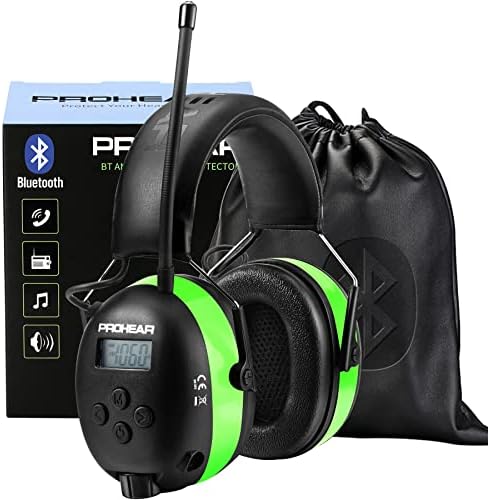 PROHEAR 033 Upgraded 5.3 Bluetooth Hearing Protection AM FM Radio Headphones, Noise Reduction Safety Earmuffs with Rechargeable 2000 mAH Battery, Ear Protector for Mowing Lawn Work - Green