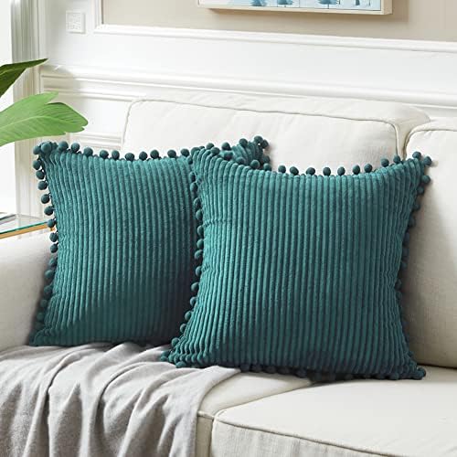 Fancy Homi 2 Packs Teal Decorative Throw Pillow Covers 18x18 Inch with Pom-poms for Living Room Couch Bedroom, Soft Corduroy Solid Square Cushion Case 45x45 cm, Rustic Farmhouse Home Decor