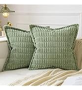 MIULEE Sage Green Corduroy Decorative Throw Pillow Covers Pack of 2 Soft Striped Pillows Pillowca...