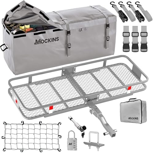 Mockins 60"x20"x6" Folding Trailer Hitch Cargo Carrier Rack 500 Lbs Cap| Vehicle Soft-Shell Carriers w/Waterproof Truck Bed Cargo Bag | Cargo Carrier Hitch Mount | Tow Hitch Cargo Basket for SUV &Car