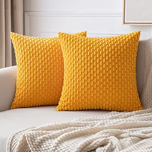 MIULEE Throw Pillow Covers Soft Corduroy Decorative Set of 2 Boho Striped Fall Pillow Covers Pillowcases Farmhouse Home Decor for Couch Bed Sofa Living Room 18x18 Inch Golden Yellow