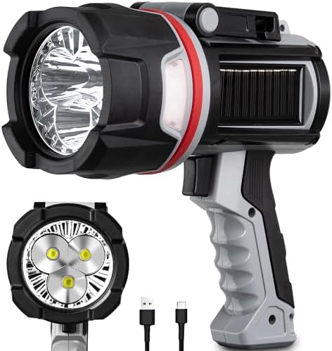 MOONASION Rechargeable Spotlight, 1500,000 Lumens Handheld Hunting Spotlight Flashlight Led Spot light with Cob Light and Solar Panels, Lightweight and Bright Spotlight for Hunting Boating Camping