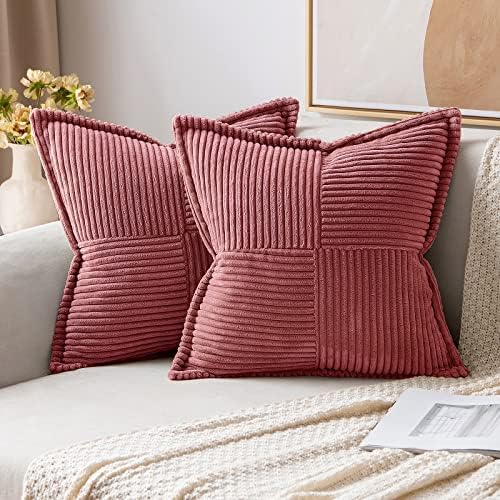 MIULEE Corduroy Pillow Covers with Splicing Set of 2 Super Soft Couch Pillow Covers Broadside Striped Decorative Textured Throw Pillows for Cushion Bed Livingroom 18x18 inch, Cranberry Red