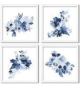 ArtbyHannah 4 Pack 10x10 Framed Blue Wall Art Set with White Frame Floral Print for Bathroom Bedr...