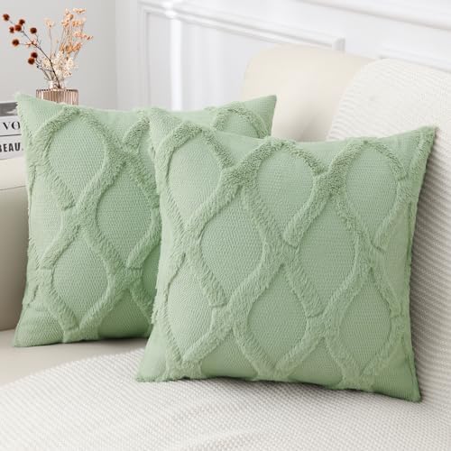 decorUhome Decorative Throw Pillow Covers 18x18 Set of 2, Soft Spring Plush Faux Fur Wool Pillow Covers for Couch Bed Sofa Living Room, Sage Green