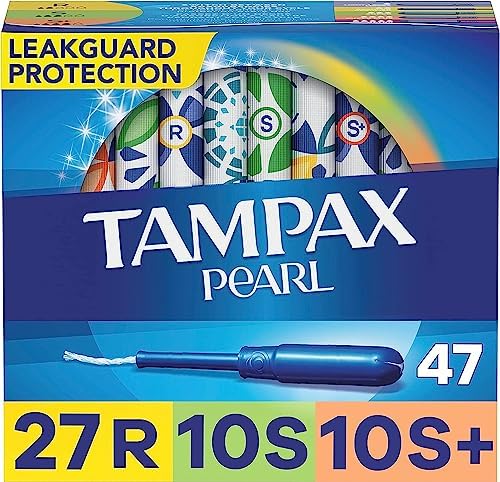 Tampax Pearl Tampons Trio Pack, with LeakGuard Braid, Regular/Super/Super Plus Absorbency, Unscented, 47 Count