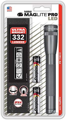 MagLite Mini LED Pro Flashlight - Ultra Bright 332 Lumens, Adjustable Beam, Water-Resistant IPX4, Shock Resistant, 2 Power Modes, Includes 2 AA Premium Alkaline Batteries - (Holster Pack, Gray)