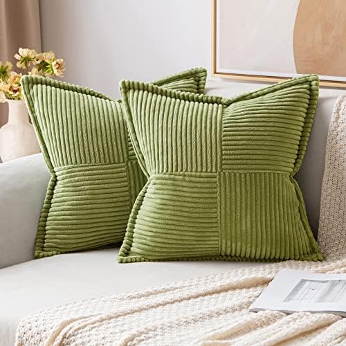 MIULEE Corduroy Pillow Covers with Splicing Set of 2 Super Soft Couch Pillow Covers Broadside Striped Decorative Textured Throw Pillows for Spring Cushion Bed Livingroom 18x18 inch Green