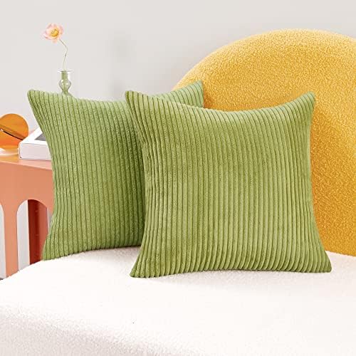 Deconovo Corduroy Throw Pillow Cover with Stripes, 18x18 Inch, Olive Green, Pillow Covers, Cushions Covers with Pattern, Solid Color Soft Decorative Cases for Bedroom, Set of 2