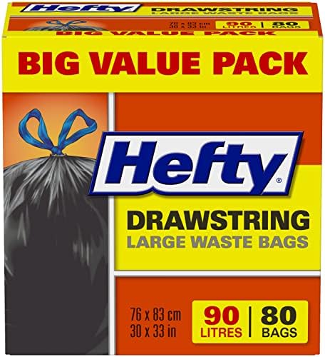 Hefty® Garbage Bags, Value Pack Large 90 Litres Black, Drawstring, 80 Bags