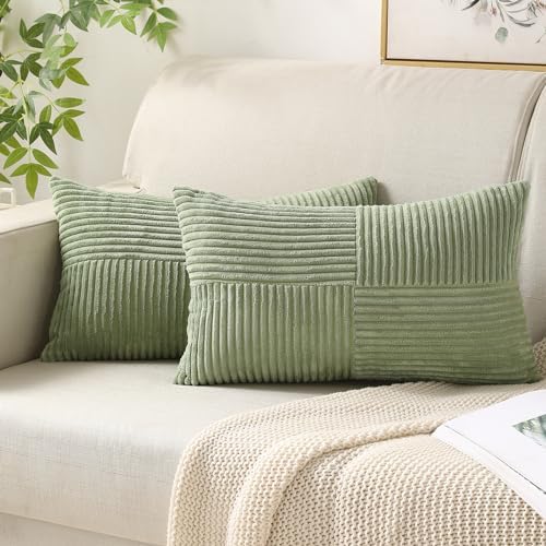 Allorry Pillow Covers 12x20 Inch Set of 2 Soft Striped Corduroy Splicing Pillow Covers Sage Green Decorative Sofa Bed Textured Touch Corduroy Throw Pillows for Couch Cushion