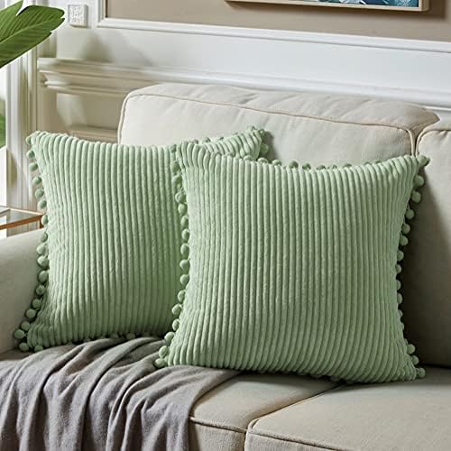 Fancy Homi Pack of 2 Sage Green Decorative Throw Pillow Covers with Pom-poms, Soft Corduroy Solid Square Cushion Cases Set for Couch Sofa Bedroom Car Living Room (18x18 Inch/45x45 cm, Sage Green)