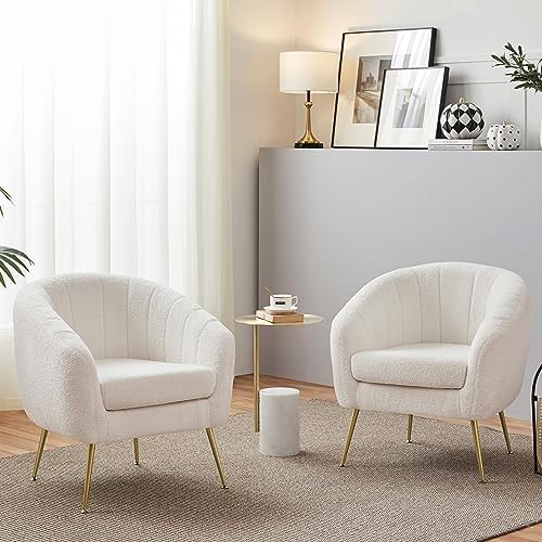 Yaheetech Accent Chair, Modern Cozy Vanity Chair with Gold Metal Legs, Boucle Fabric Armchair with Removable Seat Cushion for Living Room Bedroom Office Guest Room, Ivory, 2 pcs