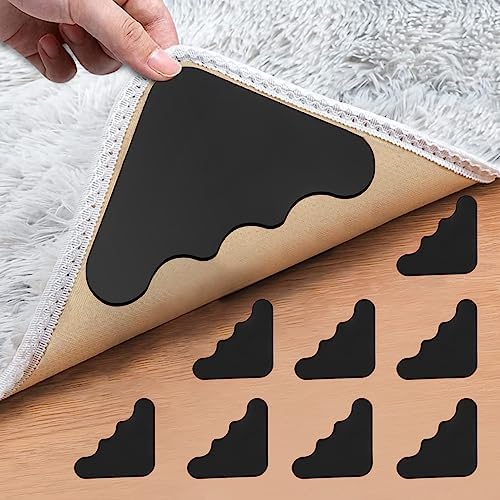 Double Sided Non-Slip Rug Pads Rug Tape Stickers, Reusable and Washable Corner Side Gripper for Area Rug Pad Adhesive Carpet Tape for Hardwood Floors and Tiles (8Pcs)