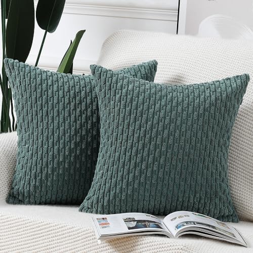 MADIZZ Pack of 2 Boho Corduroy Striped Throw Pillow Covers 20x20 Inch Dark Green Soft Decorative Cushion Cover for Bedroom Sofa Pillow Shell