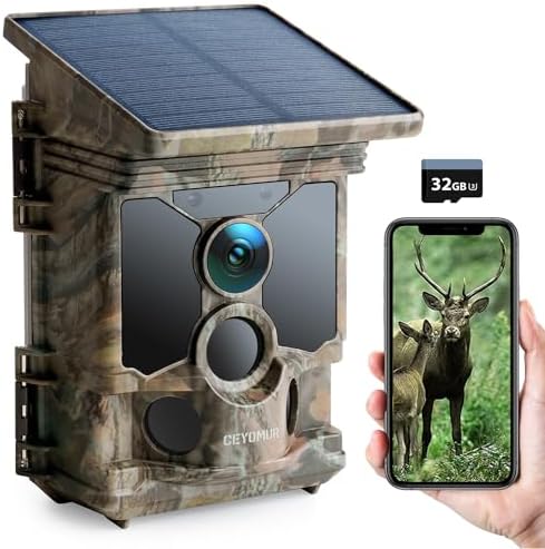 CEYOMUR Solar Wildlife Camera 4K 30fps, WiFi Bluetooth 46MP Trail Camera, 120° Detection Angle Night Vision Motion Activated IP66 Waterproof for Wildlife Monitoring with U3 32GB Micro SD Card