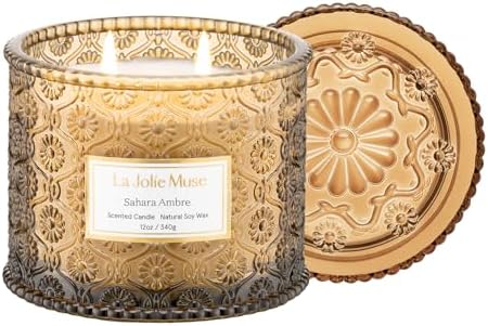 LA JOLIE MUSE Amber Candle, Scented Candles for Home, Large 2-Wick Soy Candles, Candle Gifts for Women & Men, Luxury Jar Candles, 60 Hours Long Burning, Sahara Ambre, 12oz