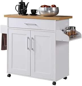 Hodedah Kitchen Island with Spice Rack, Towel Rack &amp; Drawer, White with Beech Top, 15.5 x 35.5-44.9 x 35.2 inches