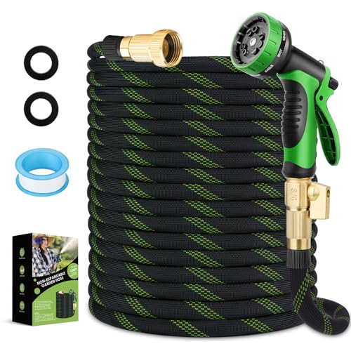 FlexiSolve Garden Hose 100 ft, NON-EXPANDABLE Ultra Lightweight & Flexible Water Hose With 10-Pattern Spray Nozzle, Kink-Free