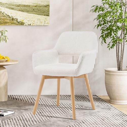 YEEFY Desk Chair No Wheels Vanity Chair Makeup Chair Comfy Accent Chair for Living Dining Room Bedroom Home Office Mid Century Modern Upholstered Arm Chair Sofa Chair with Wood Legs (Wool White, 1)