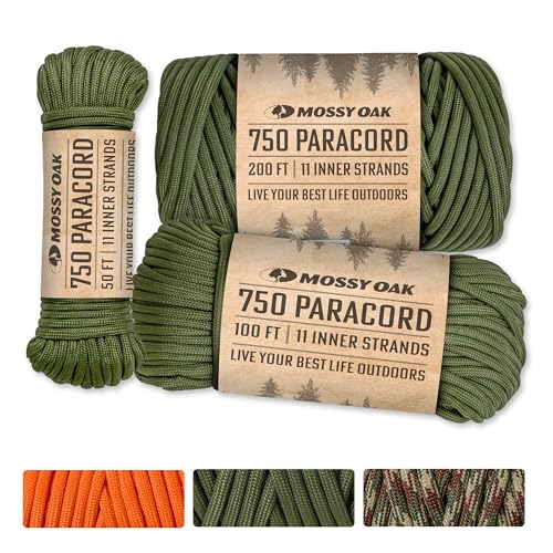 Olive Green Paracord 750 Heavy Duty Paracord Rope by Mossy Oak in 50 FT, 100 FT & 200 FT Lengths - Camping, Fishing, Hunting,