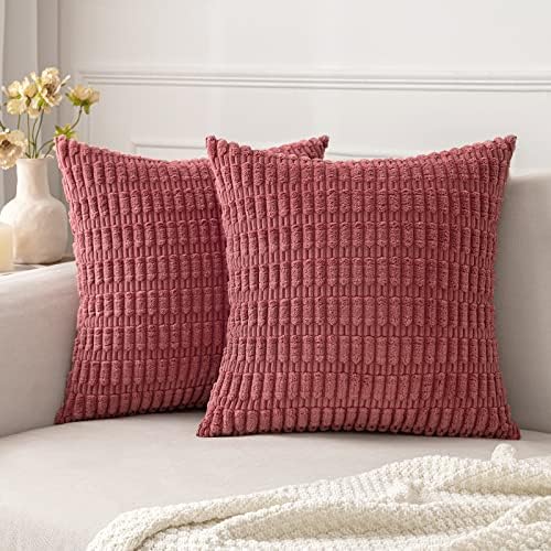 MIULEE Pack of 2 Corduroy Decorative Throw Pillow Covers 18x18 Inch Soft Boho Striped Pillow Covers Modern Farmhouse Home Decor for Sofa Living Room Couch Bed Cranberry Red