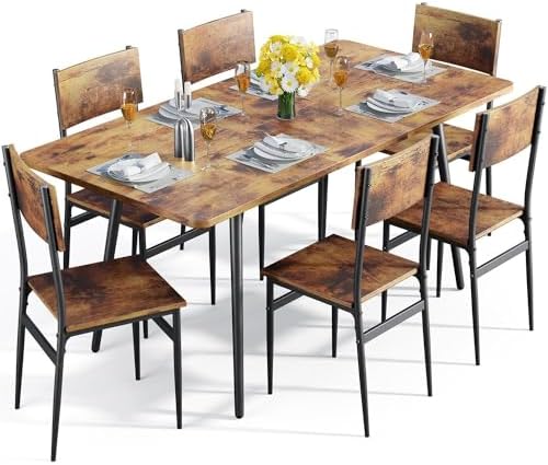 Qsun 63” Extendable Dining Table Set for 4-6 People, 7-Piece Dining Table Set for 6 People with 6 Chairs, MDF Wood Board Kitchen Table Set for Small Space and Apartment, Rustic Brown