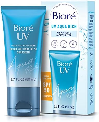 Biore UV Aqua Rich SPF 50 PA++++ Daily Moisturizer Sunscreen for Face, For Sensitive Skin, Oil Free, Hyaluronic Acid, Vegan, Oxybenzone & Octinoxate Free, Dermatologist Tested, 1.7 Oz