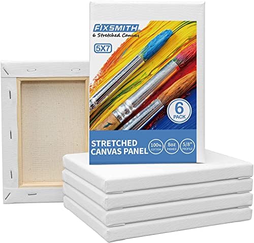 FIXSMITH Stretched White Blank Canvas- 5x7 Inch,6 Pack,Primed,100% Cotton,5/8 Inch Profile of Economy Value Pack for Acrylics,Oils & Other Painting Media.