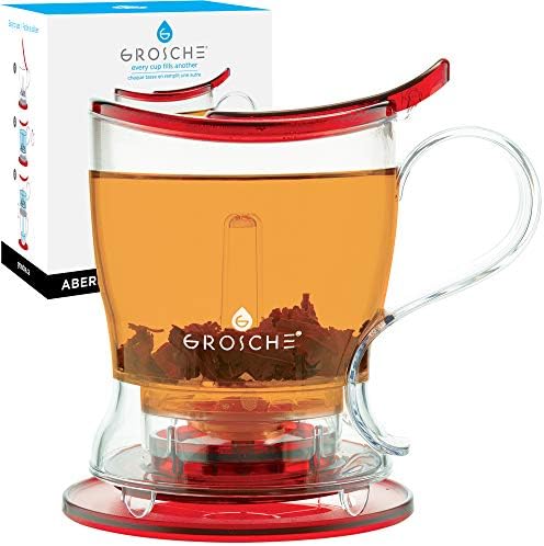 GROSCHE Aberdeen Tea Infuser Teapot & Smart Tea Maker - BPA-Free, Drip-Free Design | Coaster | Easy Brew | Easy Clean Steeper | Loose Leaf Brewing - Stylish Design | 17.7 oz - 525 ml - Red