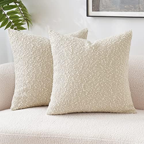 MIULEE Set of 2 Decorative Throw Pillow Covers 18 x 18 Inch Beige Pillowcases Textured Boucle Square Sofa Couch Pillow Home Decor for Living Room Woven Modern Cushion Cases