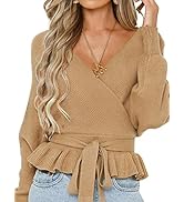 ZESICA Women's Wrap V Neck Long Batwing Sleeve Belted Waist Ruffle Knitted Sweater Pullover Top