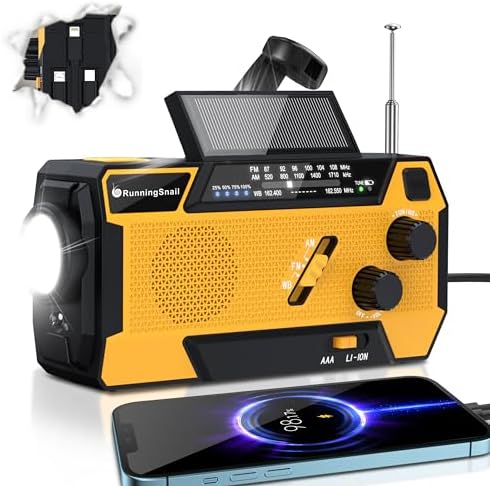 Emergency Crank Weather Radio: AM/FM/NOAA Weather Radio with 3 Built-in Cable - Hand Crank Radio with 2000mAh, Solar Charge, Hand Crank & Battery Operated, SOS Alarm, Flashlight for Outdoor Emergency