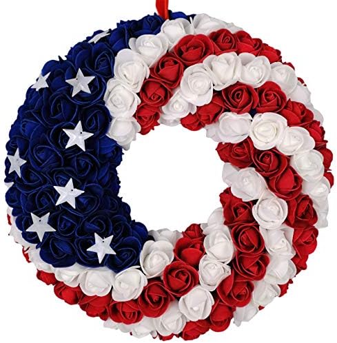 idyllic July 4th Wreath Patriotic Americana Wreath Boxwood Handcrafted Memorial Day Wreath Festival Garland Decoration Front Door Wall Home Decor (Blue)